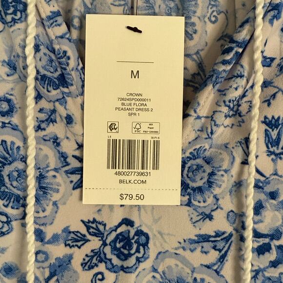 Crown & Ivy NWT Peasant Dress Size Medium Blue Floral Tassels Ruffle Stretch - Picture 5 of 8